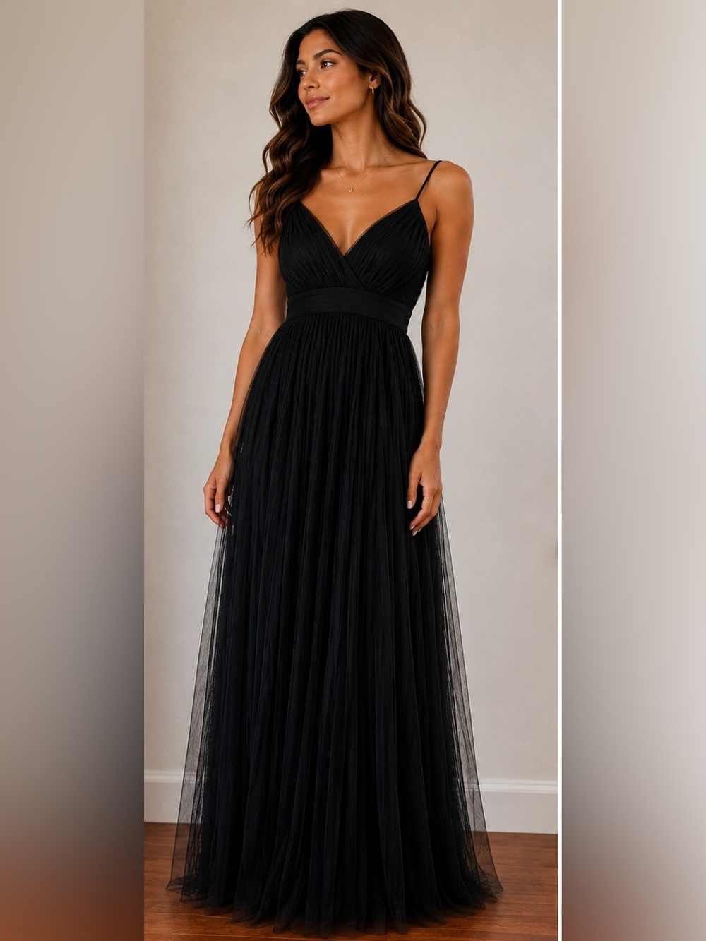 Luxxel Black V-Neck Maxi Tulle Gown